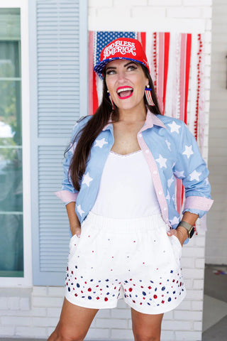 *Pre - Order Brianna Cannon White Denim Patriot Bling Shorts - Boutique Bella BellaShorts