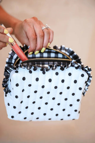 PREORDER - Gingham Polka Dot Quilted Ruffle Bag - Boutique Bella Bellacosmetic bag