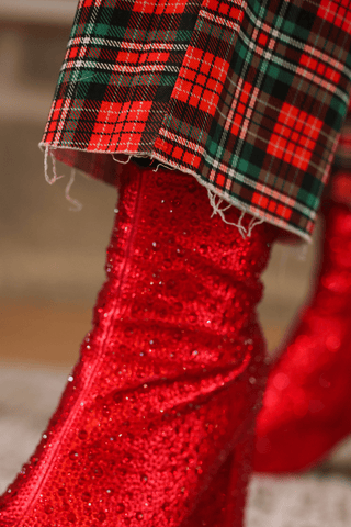 PREORDER- Just Vibing Denim Pants- Red Christmas Plaid - Boutique Bella BellaBottoms