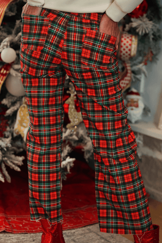 PREORDER- Just Vibing Denim Pants- Red Christmas Plaid - Boutique Bella BellaBottoms