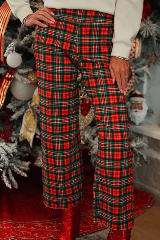 PREORDER- Just Vibing Denim Pants- Red Christmas Plaid - Boutique Bella BellaBottoms