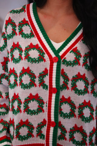 PREORDER- Ribbon Wreath Knit Cardigan - Boutique Bella BellaChristmas Apparel
