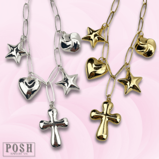 Puffed multi-charm chain necklace - Boutique Bella BellaNecklaces