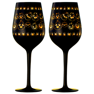 Crystal Halloween Stemmed Wine Glasses Set Of 2 Themed Vibrant Black Gold Etched Spooky Ghost Patter