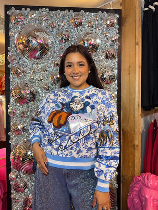 QOS All Over Blue & White Floral Vintage Santa Sweatshirt - Boutique Bella BellaQueen of Sparkles