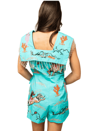 QOS Aqua Bucking Cowgirl Beaded Fringe Tie Collar Cotton Romper - Boutique Bella Bella