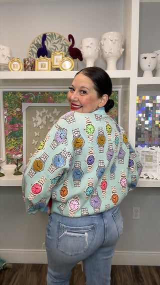 QOS Aqua Colorblock Trim Multi Watch Button Up Cardigan - Boutique Bella BellaCardigan