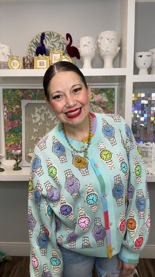 QOS Aqua Colorblock Trim Multi Watch Button Up Cardigan - Boutique Bella BellaCardigan