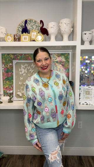 QOS Aqua Colorblock Trim Multi Watch Button Up Cardigan - Boutique Bella BellaCardigan