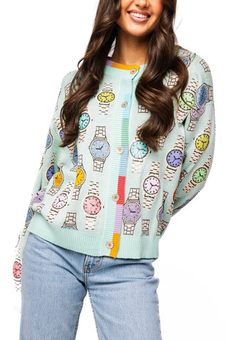 QOS Aqua Colorblock Trim Multi Watch Button Up Cardigan - Boutique Bella BellaCardigan