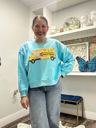 QOS Aqua Flower School Bus Sweatshirt - Boutique Bella BellaQueen of Sparkles