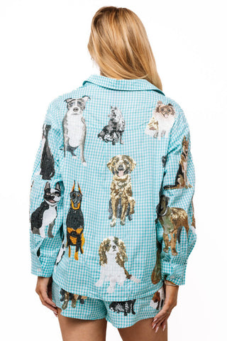 QOS Aqua Gingham Queen of Dogs Button Up Long Sleeve - Boutique Bella BellaQueen of Sparkles