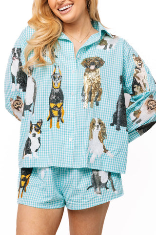 QOS Aqua Gingham Queen of Dogs Short - Boutique Bella BellaQueen of Sparkles