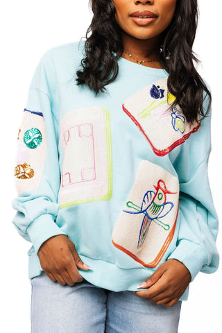 QOS Aqua Scattered Mahjong Tile Sweatshirt - Boutique Bella BellaQueen of Sparkles