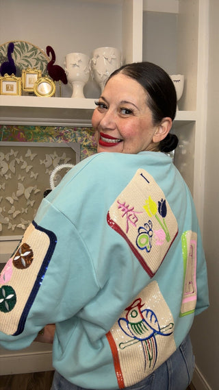 QOS Aqua Scattered Mahjong Tile Sweatshirt - Boutique Bella BellaQueen of Sparkles