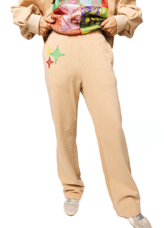 QOS Beige Colorblock Bandana QOS Card Logo Sweat Pant - Boutique Bella Bella