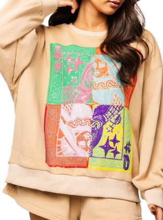 QOS Beige Colorblock Bandana QOS Card Logo Sweatshirt - Boutique Bella Bella