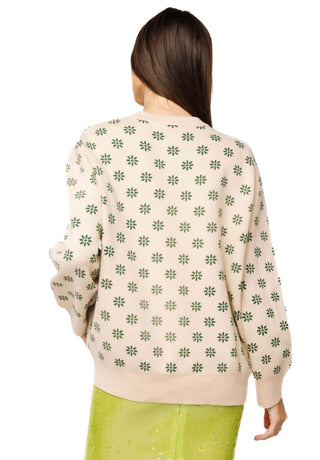 QOS Beige & Green Flower Print Feather Turkey Sweater - Boutique Bella BellaQueen of Sparkles