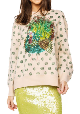 QOS Beige & Green Flower Print Feather Turkey Sweater - Boutique Bella BellaQueen of Sparkles