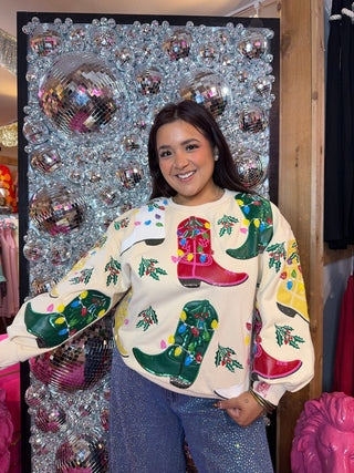 QOS Beige Multi Christmas Cowboy Boots Sweatshirt - Boutique Bella BellaQueen of Sparkles