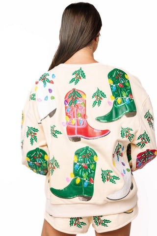 QOS Beige Multi Christmas Cowboy Boots Sweatshirt - Boutique Bella BellaQueen of Sparkles