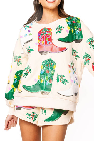 QOS Beige Multi Christmas Cowboy Boots Sweatshirt - Boutique Bella BellaQueen of Sparkles
