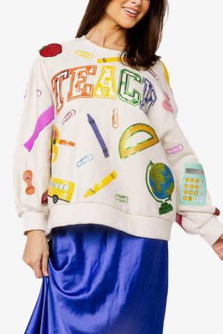 QOS Beige Multi 'Teach' Scattered Icon Sweatshirt - Boutique Bella BellaQueen of Sparkles