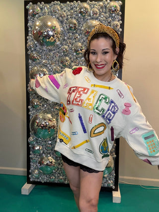 QOS Beige Multi 'Teach' Scattered Icon Sweatshirt - Boutique Bella BellaQueen of Sparkles
