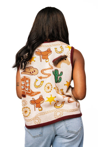 QOS Beige Multi Western Icon Knit Button Up Vest - Boutique Bella BellaQueen of Sparkles
