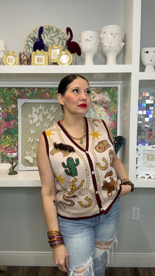 QOS Beige Multi Western Icon Knit Button Up Vest - Boutique Bella BellaQueen of Sparkles