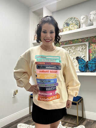 QOS Beige School Books Sweatshirt - Boutique Bella BellaQueen of Sparkles