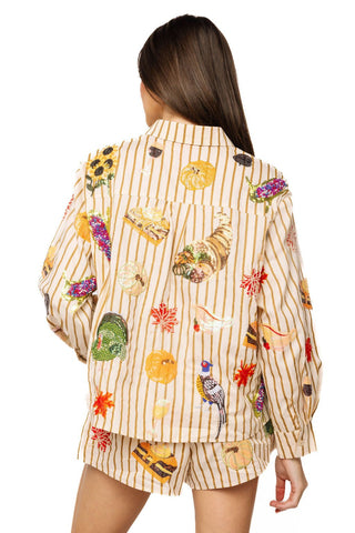QOS Beige Striped Thanksgiving Icon Cotton Button Up Top - Boutique Bella BellaQueen of Sparkles