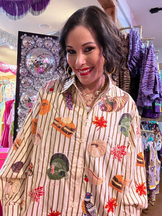 QOS Beige Striped Thanksgiving Icon Cotton Button Up Top - Boutique Bella BellaQueen of Sparkles
