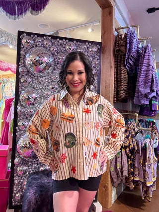 QOS Beige Striped Thanksgiving Icon Cotton Button Up Top - Boutique Bella BellaQueen of Sparkles