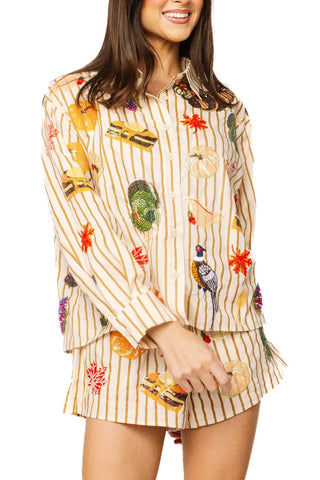 QOS Beige Striped Thanksgiving Icon Cotton Button Up Top - Boutique Bella BellaQueen of Sparkles