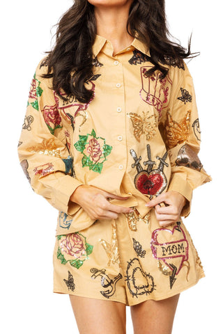 QOS Beige Tattoo Cotton Short - Boutique Bella BellaQueen of Sparkles