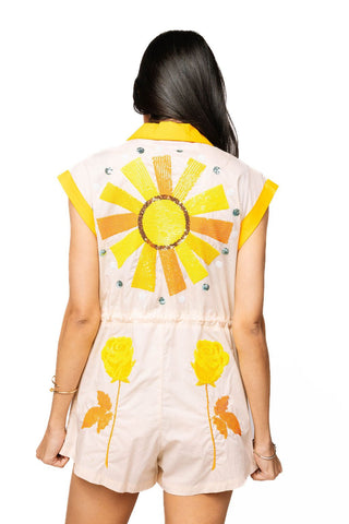 QOS Beige, Yellow & Blue Fringe Western Icon Romper - Boutique Bella BellaQueen of Sparkles