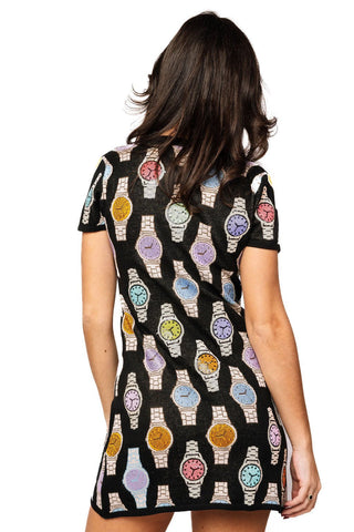 QOS Black Button Up Multi Watch Knit Short Sleeve Dress - Boutique Bella BellaQueen of Sparkles