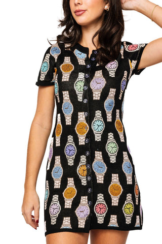 QOS Black Button Up Multi Watch Knit Short Sleeve Dress - Boutique Bella BellaQueen of Sparkles