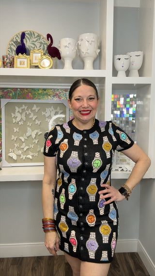 QOS Black Button Up Multi Watch Knit Short Sleeve Dress - Boutique Bella BellaQueen of Sparkles