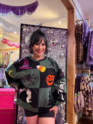 QOS Black & Dark Green Checkered Halloween Icon Sweatshirt - Boutique Bella BellaQueen of Sparkles