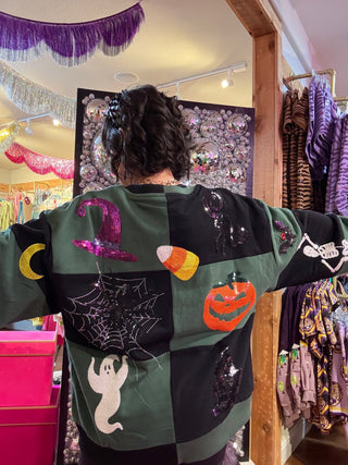 QOS Black & Dark Green Checkered Halloween Icon Sweatshirt - Boutique Bella BellaQueen of Sparkles