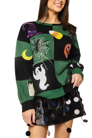 QOS Black & Dark Green Checkered Halloween Icon Sweatshirt - Boutique Bella BellaQueen of Sparkles