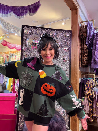QOS Black & Dark Green Checkered Halloween Icon Sweatshirt - Boutique Bella BellaQueen of Sparkles