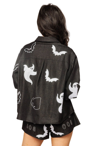 QOS Black Denim Ghost 'Boo' Button Up Cotton Top - Boutique Bella BellaQueen of Sparkles