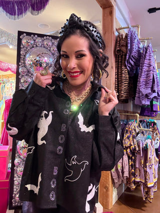 QOS Black Denim Ghost 'Boo' Button Up Cotton Top - Boutique Bella BellaQueen of Sparkles