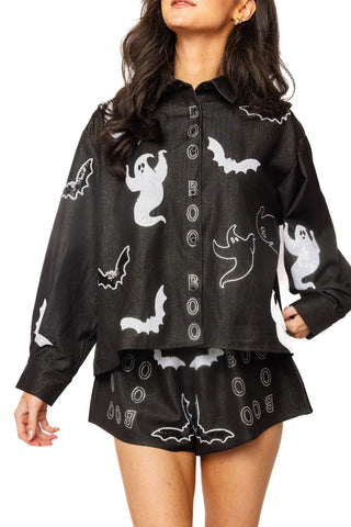 QOS Black Denim Ghost 'Boo' Button Up Cotton Top - Boutique Bella BellaQueen of Sparkles