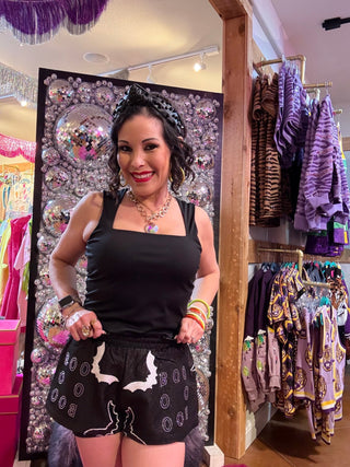 QOS Black Denim Ghost 'Boo' Cotton Short - Boutique Bella BellaQueen of Sparkles