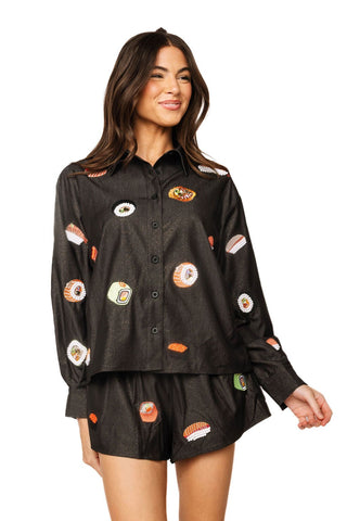 QOS Black Denim Sushi Button Up Collar Top - Boutique Bella BellaQueen of Sparkles