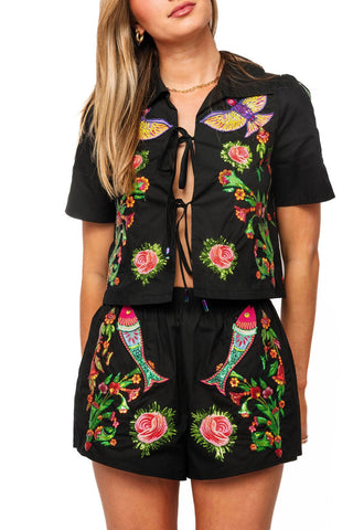 QOS Black Flower, Bird & Fish Cotton Short - Boutique Bella BellaQueen of Sparkles